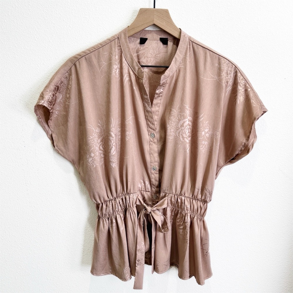 Unbranded Asian Print Floral Satin Top Womens Medium Beige Fairy Whimsy Feminine - Picture 9 of 16